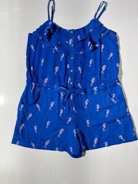 Women's Blue Seahorse Print Tie-Waist Romper Shorts
